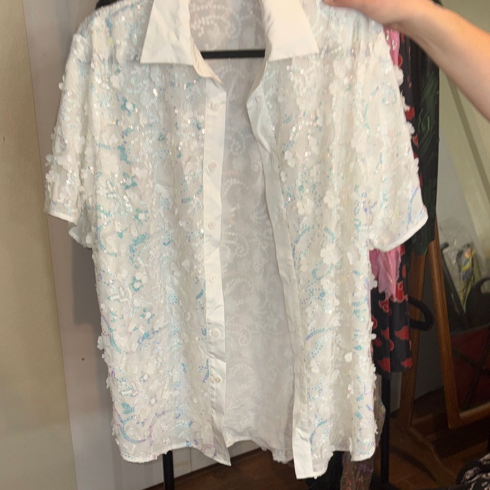 #2 iHeartRaves White Sequin Button Down Shirt